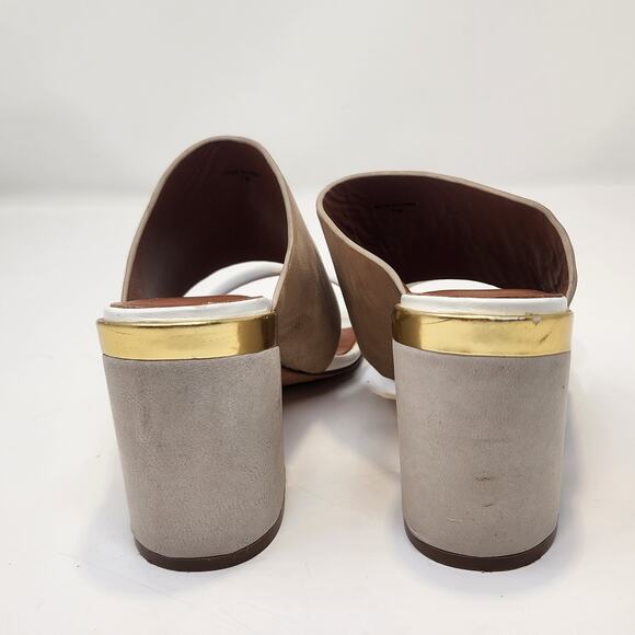 Rebecca Minkoff White Brown Metallic Leather Suede Mule Sandals Heels Size 7 M - Picture 8 of 11